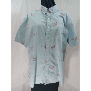 Vintage Surf Print Button-Up Shirt With Pocket Short Sleeves Light Blue Mens XL